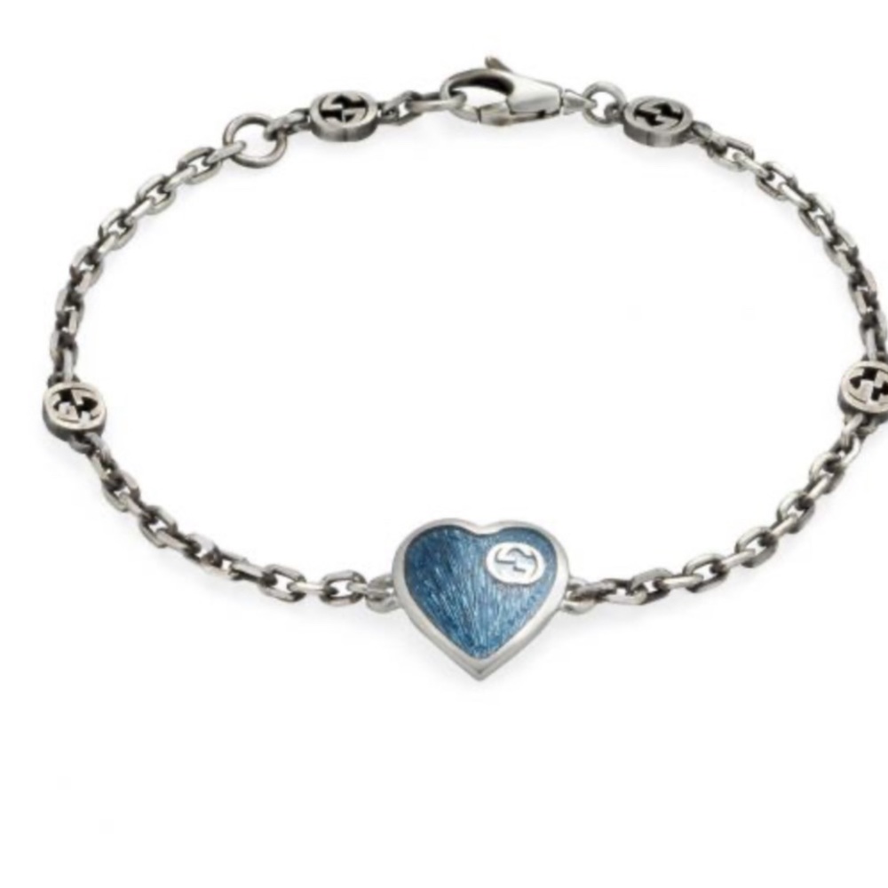 GUCCI INTERLOCKING G GG 925 SILVER HEART CHARM PENDANT ENAMEL BRACELET